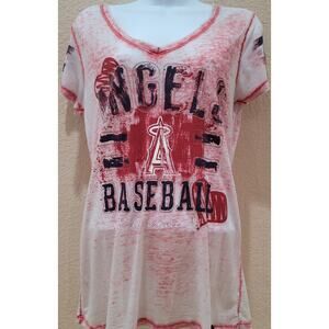 Anaheim Angels Baseball Painted Messy Look Graphic Women's Shirt Medium V Neck